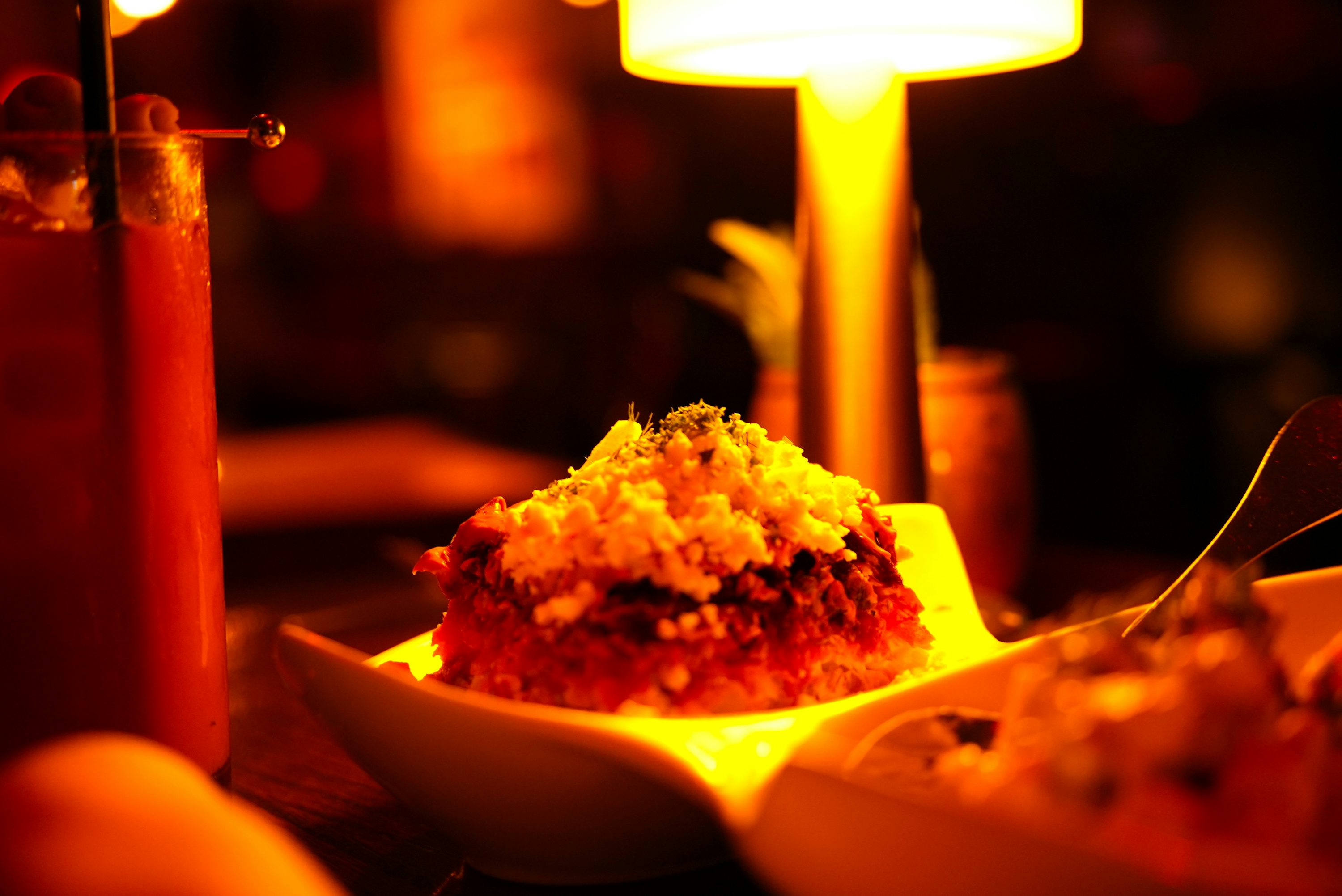 Dessert served in a warmly lit restaurant
